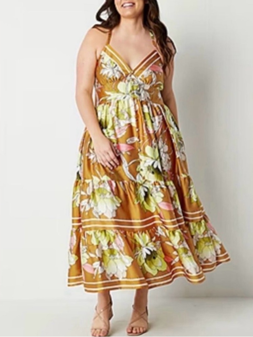 Ryegrass Floral V-Neck Tiered Maxi Dress in Mustard